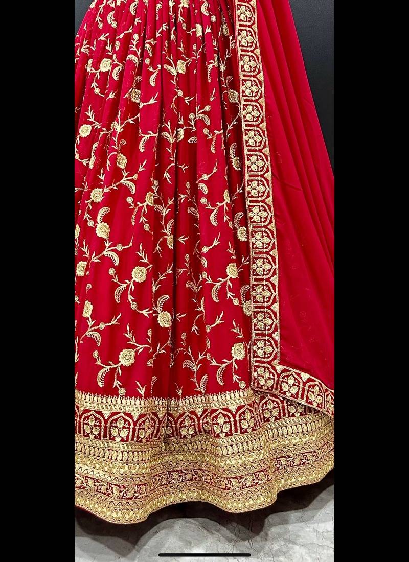 Eilara Women's Machine Red Georgette Embroidered Lehenga Choli