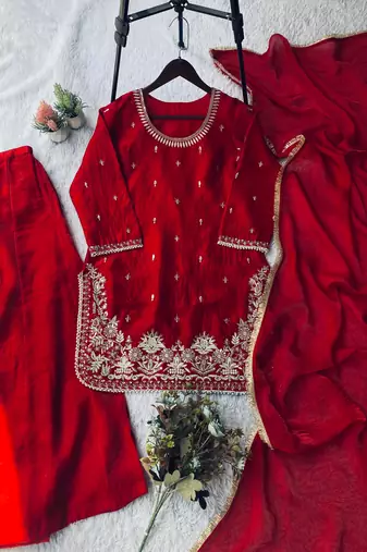 traditional red silk embroidered sharara suit 