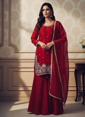 traditional red silk embroidered sharara suit  1
