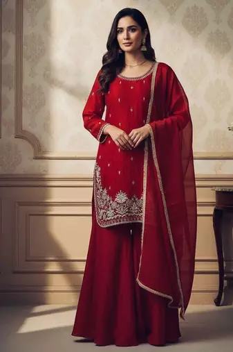 Traditional red silk embroidered sharara suit with gold accents