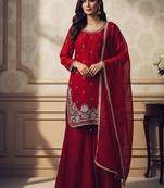 Traditional red silk embroidered sharara suit with gold accents
