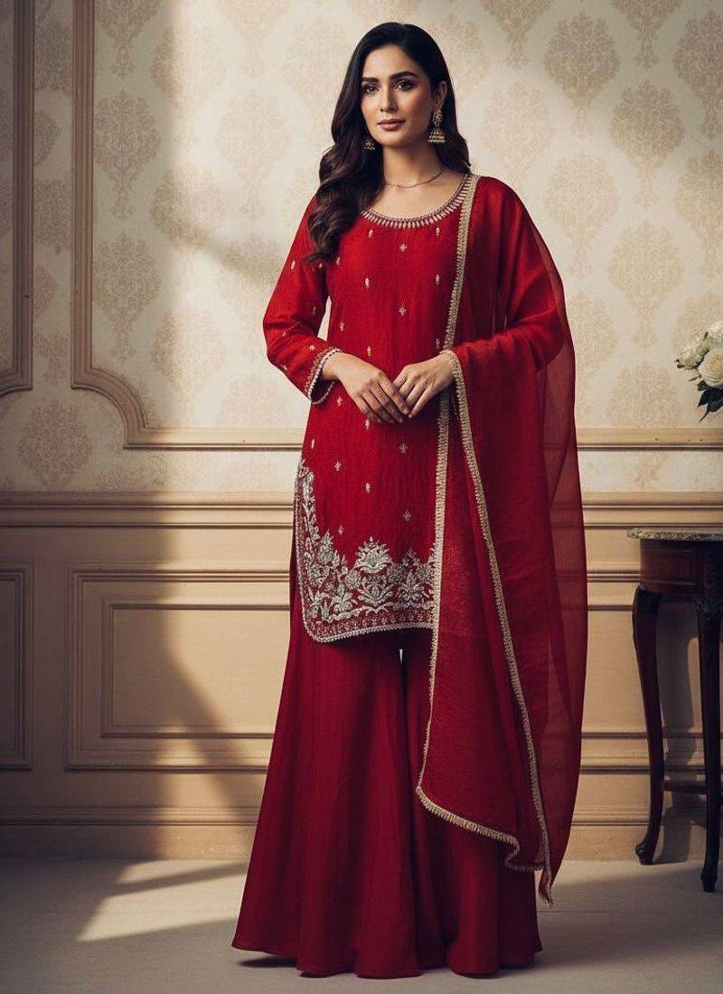 Traditional red silk embroidered sharara suit with gold accents