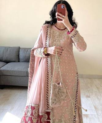 charming light peach silk embroidered suit  2