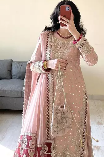 charming light peach silk embroidered suit 