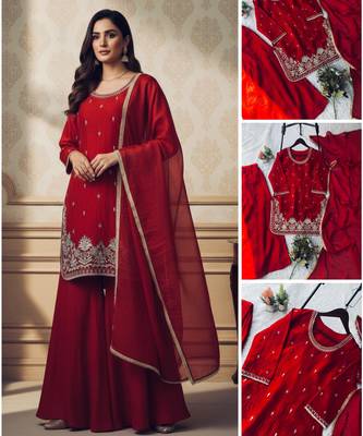 traditional red silk embroidered sharara suit  3