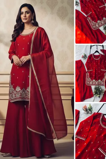 traditional red silk embroidered sharara suit 