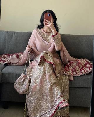 charming light peach silk embroidered suit  3