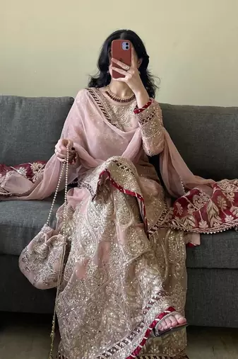 charming light peach silk embroidered suit 