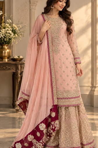 charming light peach georgette embroidered suit