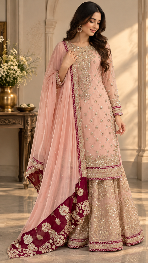 charming light peach georgette embroidered suit