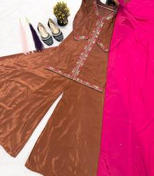 Brown anarkali suit with hot pink dupatta  threadwork