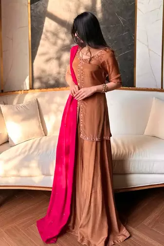 Brown anarkali suit with hot pink dupatta  threadwork