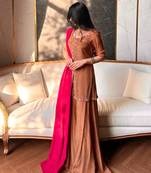 Brown anarkali suit with hot pink dupatta  threadwork
