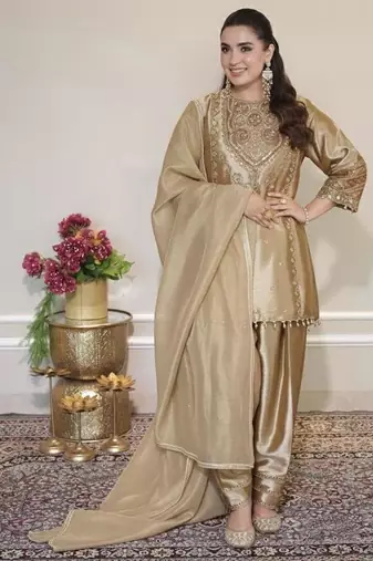 Golden  palazzo suit with gold zari embroidery