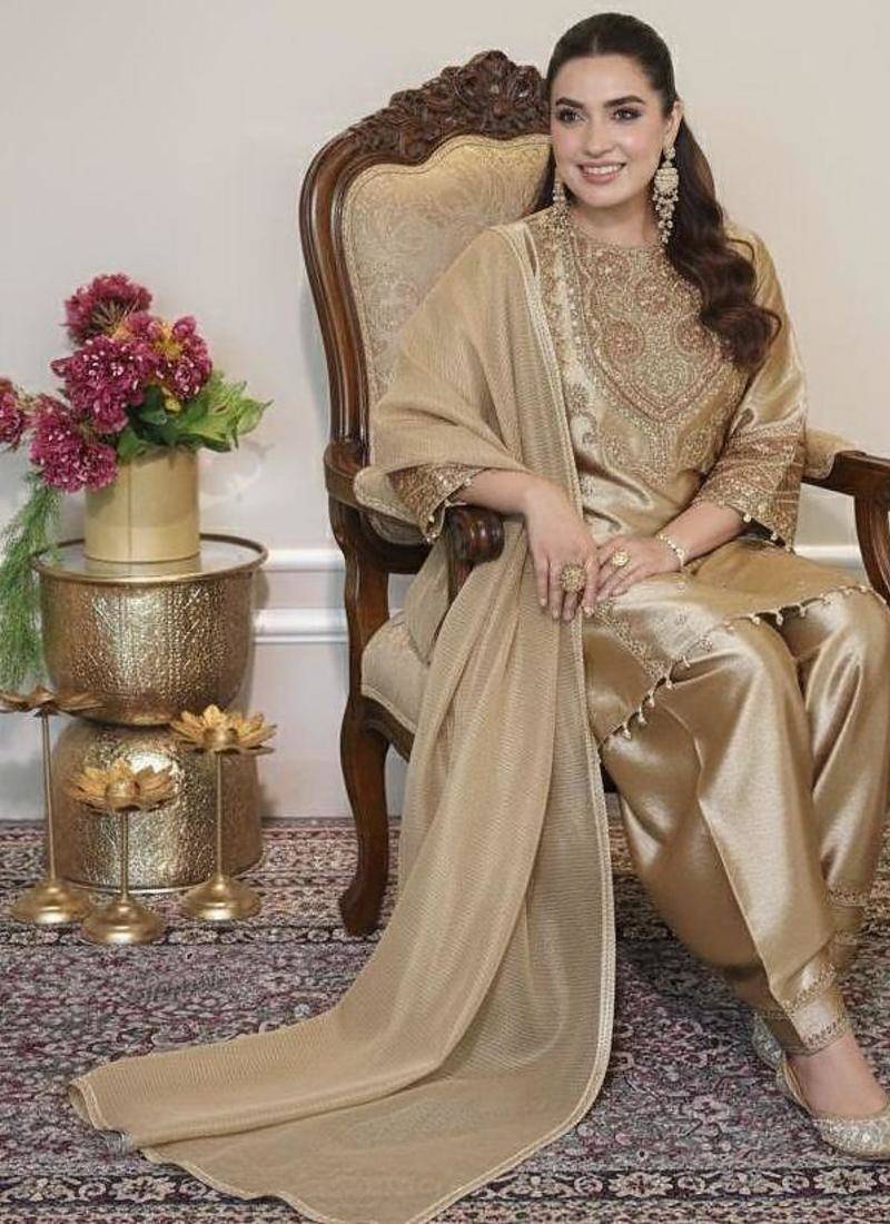 Golden  palazzo suit with gold zari embroidery