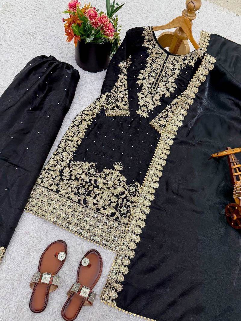 Black silk palazzo set with ornate gold zari embroidery