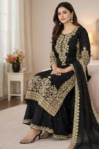 black silk palazzo embroidered set 