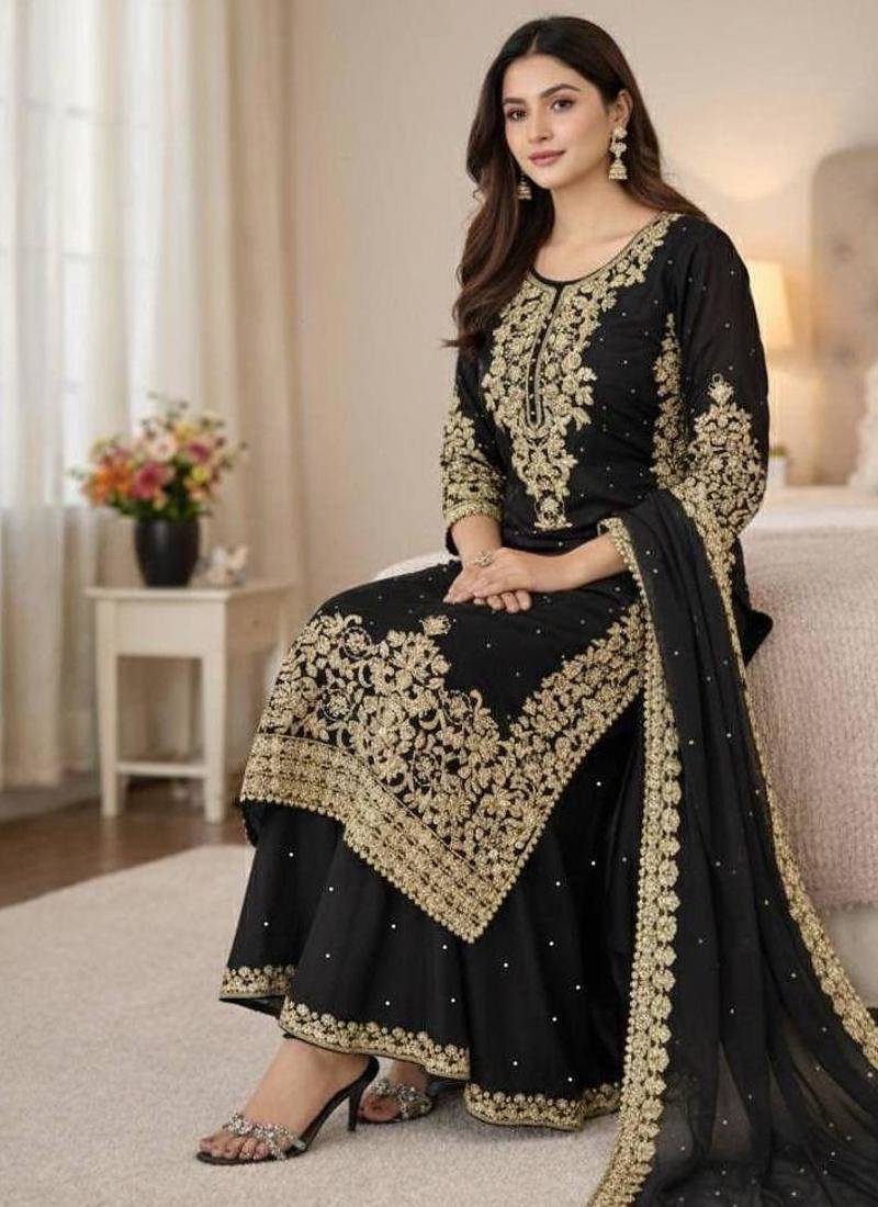 Black silk palazzo set with ornate gold zari embroidery