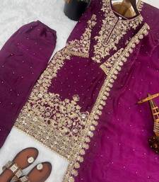 Purple silk palazzo suit with intricate gold border work