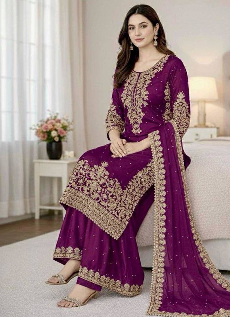 Purple silk palazzo suit with intricate gold border work