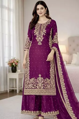 Purple silk palazzo suit with intricate gold border work
