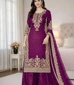 Purple silk palazzo suit with intricate gold border work