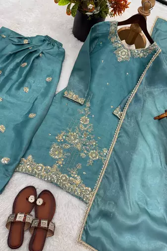 elegant teal blue gharara embroidered suit 
