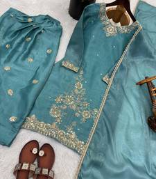 Elegant teal blue gharara suit with silver artisanal embroidery