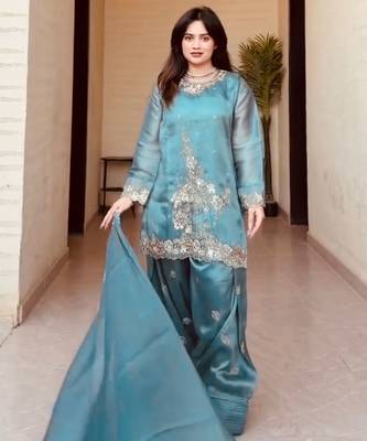 elegant teal blue gharara embroidered suit  3
