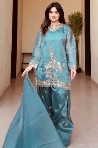 elegant teal blue gharara embroidered suit 