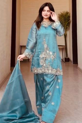 Elegant teal blue gharara suit with silver artisanal embroidery