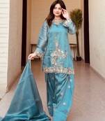 Elegant teal blue gharara suit with silver artisanal embroidery
