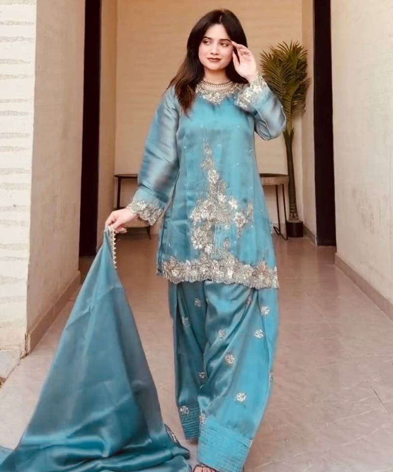 Elegant teal blue gharara suit with silver artisanal embroidery