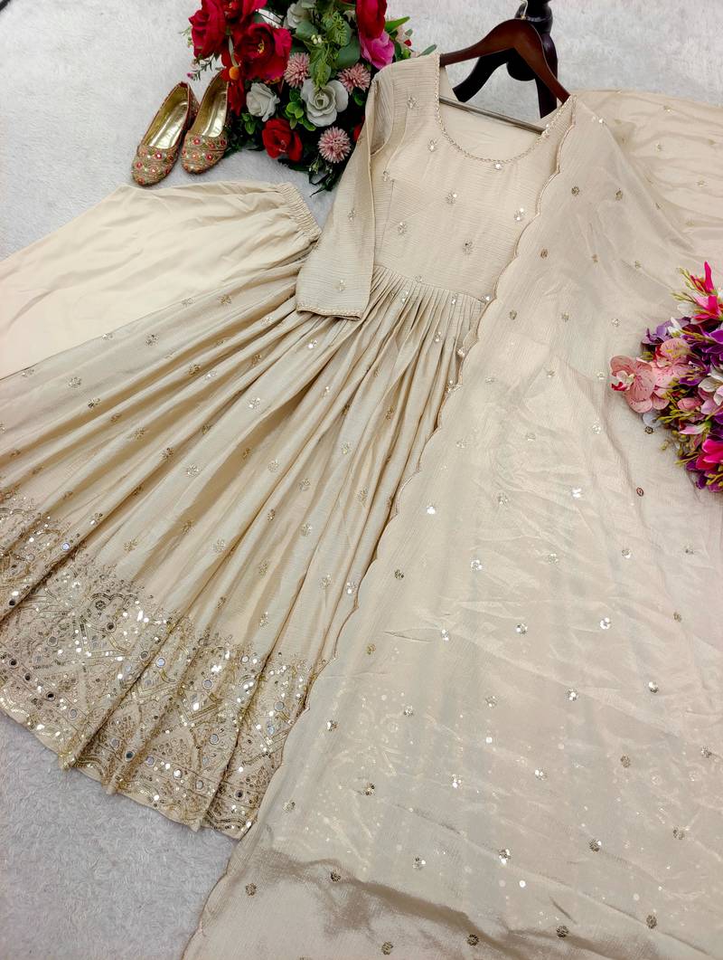 Dark beige gold anarkali gown with heavy sequin hem