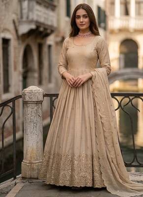 dark beige gold anarkali gown 1