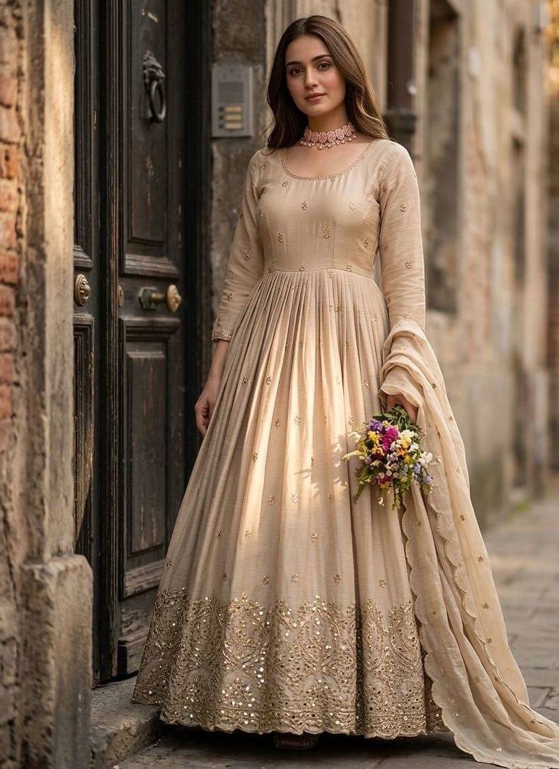 Dark beige gold anarkali gown with heavy sequin hem