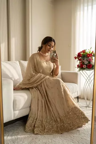 dark beige gold anarkali gown