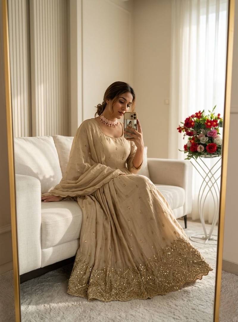 Dark beige gold anarkali gown with heavy sequin hem