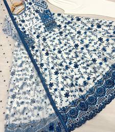 Ethereal blue and white floral print gown with embroidered border