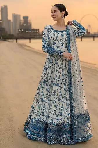 ethereal blue and white floral print gown
