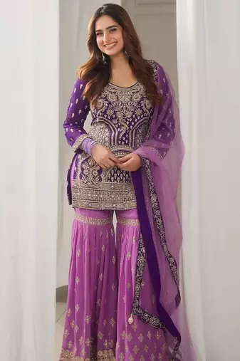 Lavender silk suit with detailed silver zari work