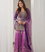 Lavender silk suit with detailed silver zari work