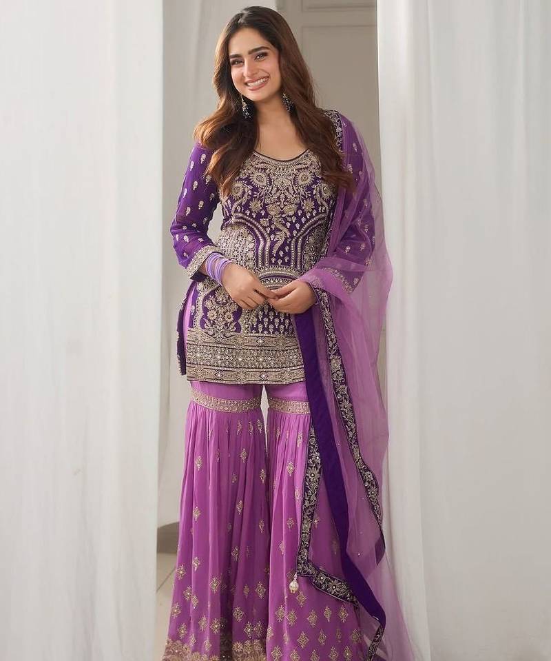 Lavender silk suit with detailed silver zari work