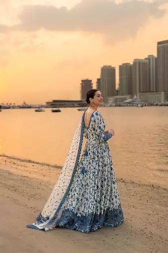 ethereal blue and white floral print gown