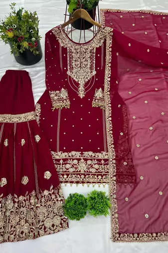 maroon palazzo embroidered suit
