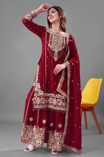 maroon palazzo embroidered suit