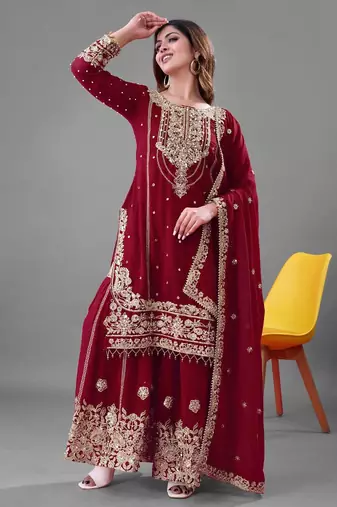 maroon palazzo embroidered suit