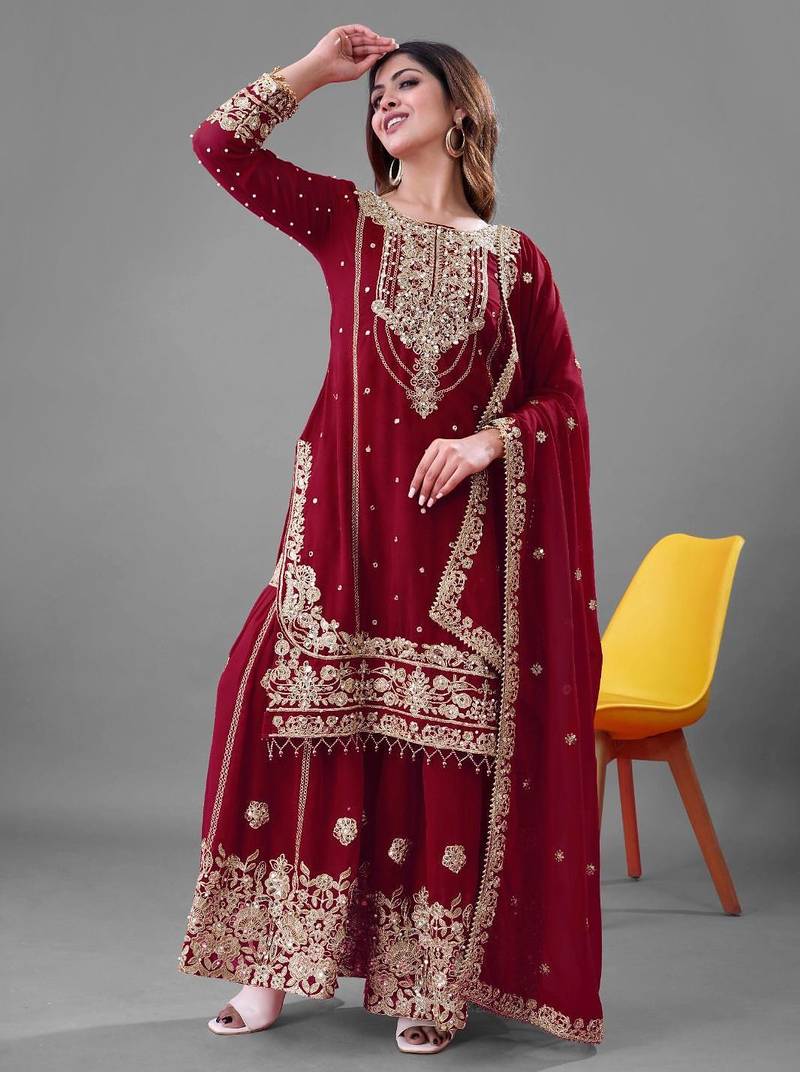 Maroon palazzo suit with gold tassel embroidery