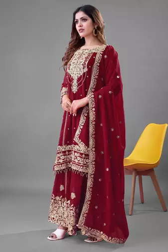maroon palazzo embroidered suit