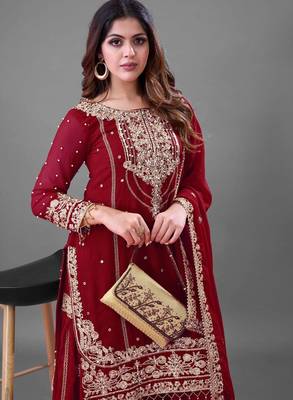 maroon palazzo embroidered suit 4